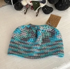 Marbled Aqua & Gray Messy Bun Ponytail Hat 25" Plain Stitch Outdoor Walking Hiking Winter Long Hair Handmade Women Gift Accessory
