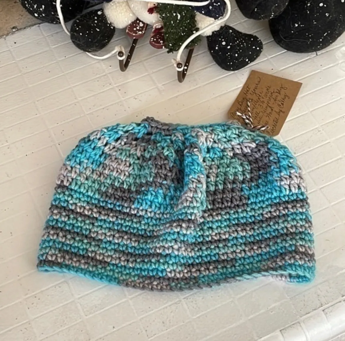 Marbled Aqua & Gray Messy Bun Ponytail Hat 25" Plain Stitch Outdoor Walking Hiking Winter Long Hair Handmade Women Gift Accessory