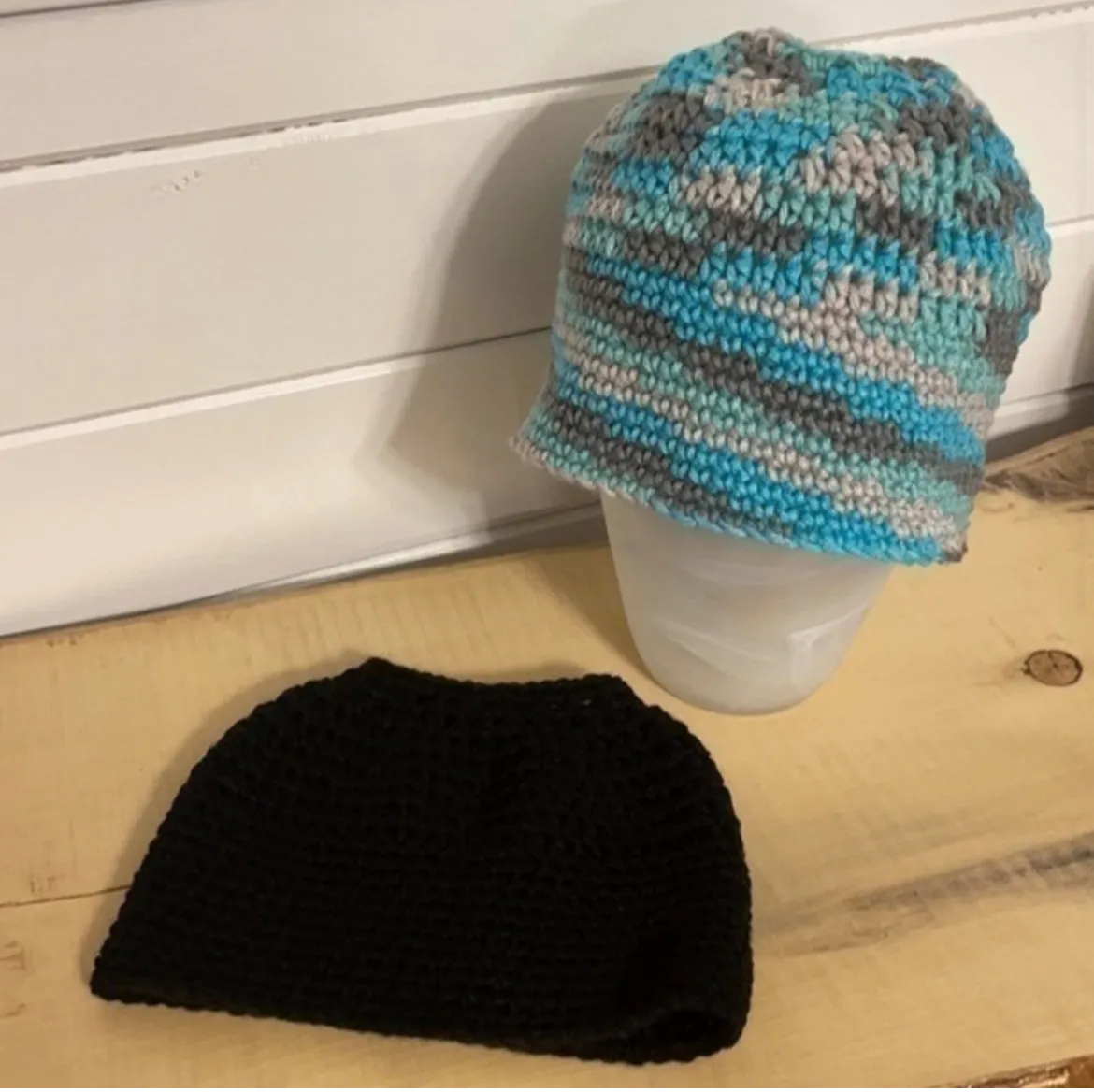 Marbled Aqua & Gray Messy Bun Ponytail Hat 25" Plain Stitch Outdoor Walking Hiking Winter Long Hair Handmade Women Gift Accessory