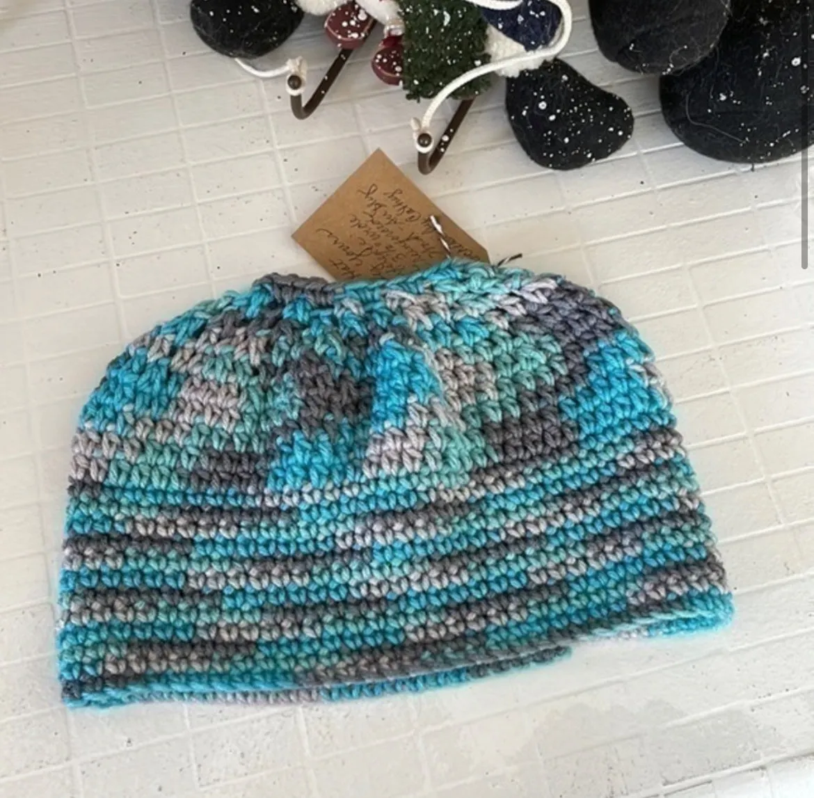 Marbled Aqua & Gray Messy Bun Ponytail Hat 25" Plain Stitch Outdoor Walking Hiking Winter Long Hair Handmade Women Gift Accessory