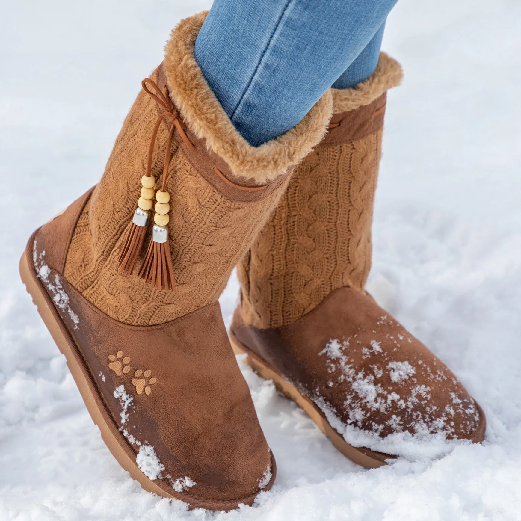 Paw Print Tall Knitted Boots With Beaded Tassels