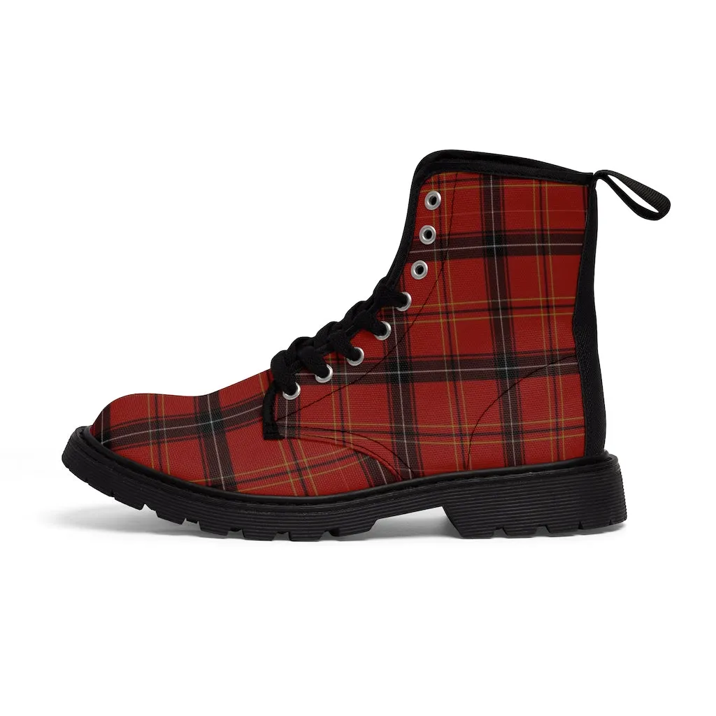 Red Plaid Print Men's Boots, Best Tartan Print Hiking Winter Boots Laced Up Shoes For Men