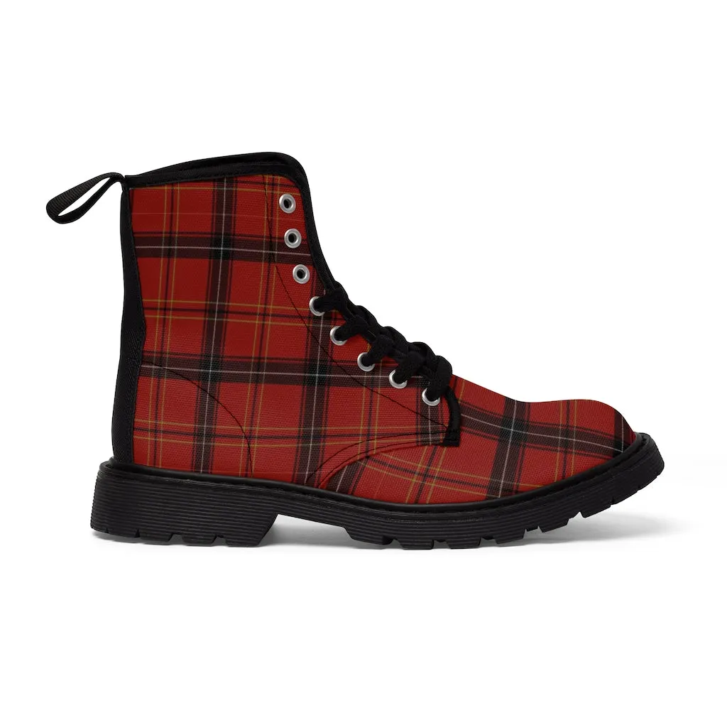 Red Plaid Print Men's Boots, Best Tartan Print Hiking Winter Boots Laced Up Shoes For Men