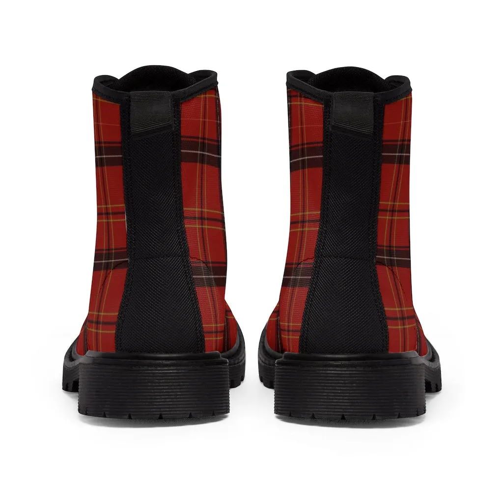 Red Plaid Print Men's Boots, Best Tartan Print Hiking Winter Boots Laced Up Shoes For Men